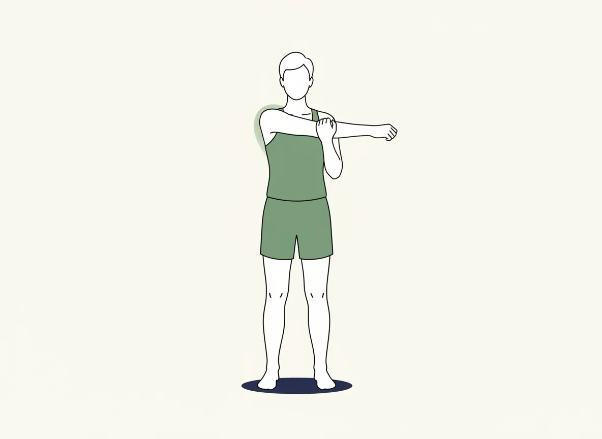 Henkilö vetää suoraa kättä vartalon yli vastakkaisella kädellä