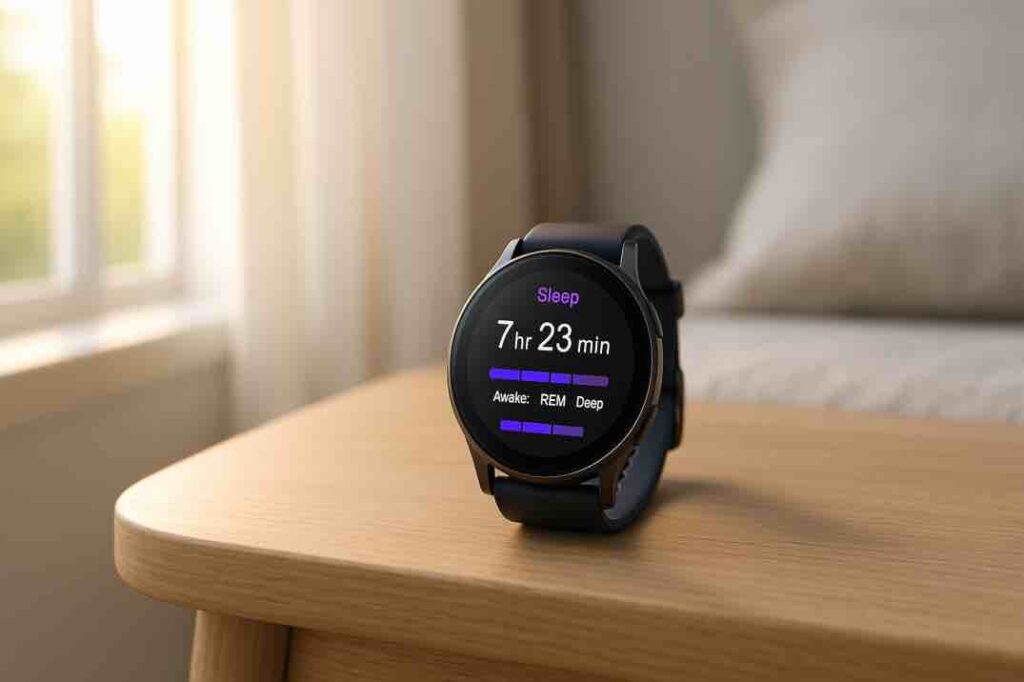 Pyöreänäyttöinen älykello lepää vaaleasta puusta tehdyllä pöydällä makuuhuoneessa. Kellon näytöllä näkyy unenseuranta, jossa kokonaisuniaika on 7 tuntia 23 minuuttia sekä palkit valveillaolosta, REM-unesta ja syväunesta.