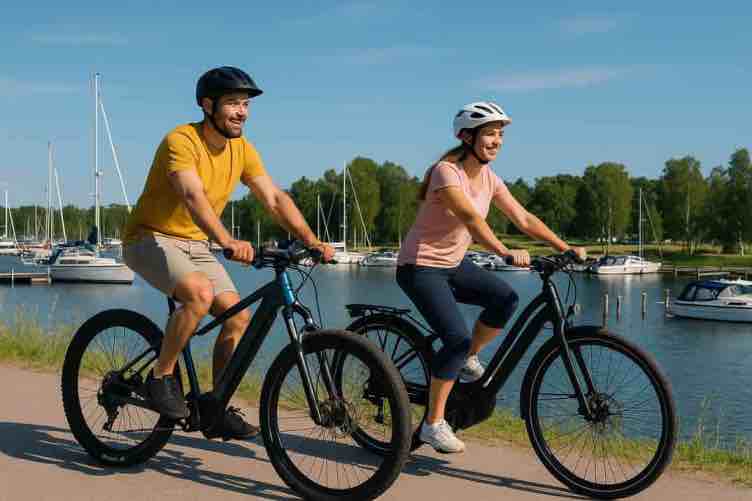 Kuvassa kaksi henkilöä ajaa polkupyörillä aurinkoisena päivänä sataman vieressä kulkevalla kävelytiellä. Vasemmalla polkee lyhythihainen paita ja shortsit yllä oleva mies, oikealla vaaleanpunaisessa paidassa ja tummissa trikoissa oleva nainen. Molemmilla on pyöräilykypärät ja he hymyilevät ajaessaan. Taustalla näkyy veneitä, laitureita ja vehreitä puita tyynen veden äärellä.