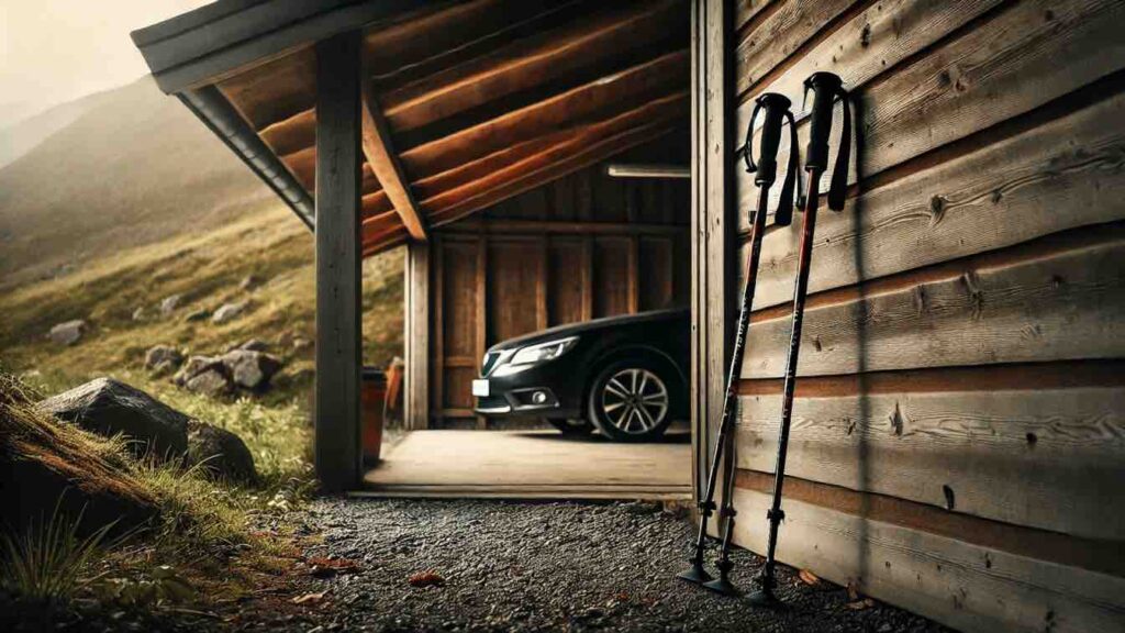 Kävelysauvat nojaamassa mökin seinään vuoristomaisemassa – valmiina retkelle eri maastoihin.