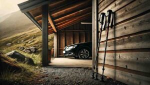 Kävelysauvat nojaamassa mökin seinään vuoristomaisemassa – valmiina retkelle eri maastoihin.