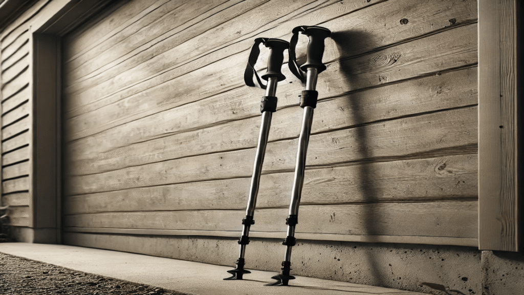 Kävelysauvat nojaamassa seinää vasten – ergonominen tuki ulkoiluun ja kuntoiluun.