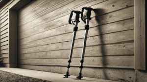 Kävelysauvat nojaamassa seinää vasten – ergonominen tuki ulkoiluun ja kuntoiluun.