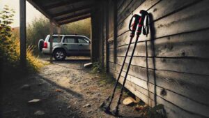 Sauvakävelysauvat nojaamassa mökin seinään – lepohetki ennen kävelyä