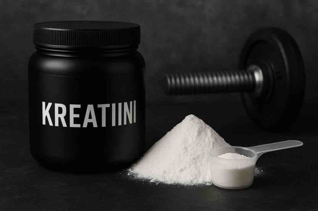 Musta kreatiinipurkki seisoo tummalla pinnalla valkoisen jauhekasan vieressä. Jauheen edessä on läpinäkyvä mittalusikka, ja taustalla näkyy osa käsipainosta. Valaistus korostaa purkin mattapintaa ja jauheen rakeisuutta. Tunnelma on neutraali ja tuotekeskeinen.