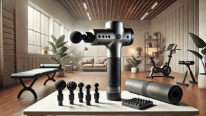 Lihashuoltovasara ja hierontapäät kotisalissa pöydällä, taustalla harjoitusvälineitä ja sohva.