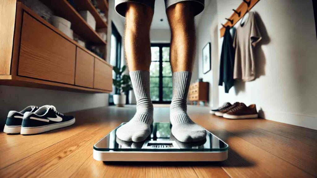 Mies seisoo henkilövaa’alla kotona – moderni digitaalinen älyvaaka mittaamassa painoa.