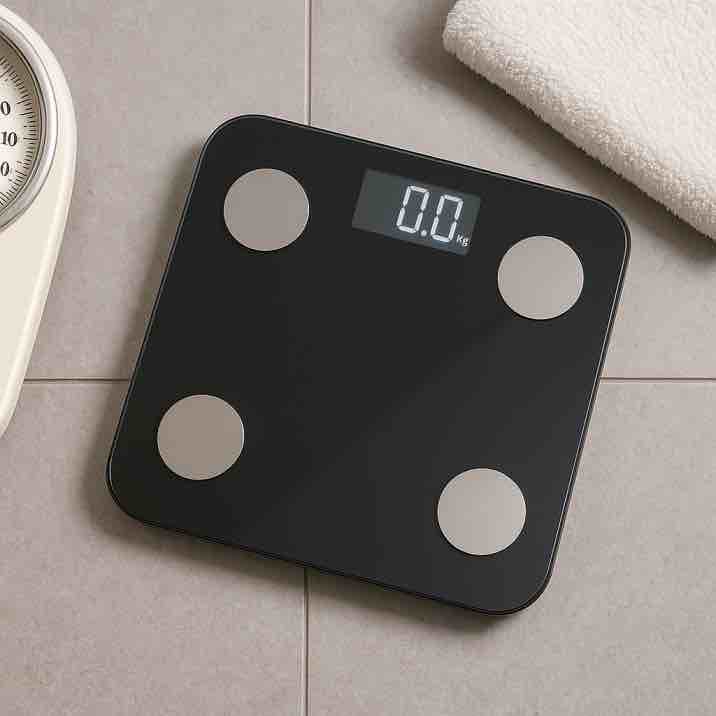 Moderni digitaalinen henkilövaaka vaalealla kylpyhuoneen lattialla.