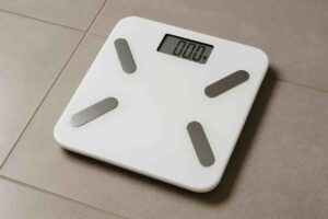 Valkoinen digitaalinen henkilövaaka tasaisella laattalattialla.