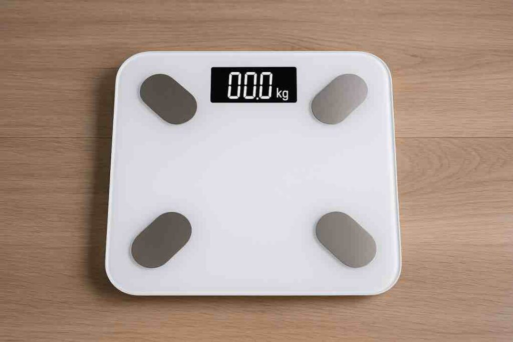 Digitaalinen henkilövaaka mittaa kehon koostumusta ja näyttää painon selkeästi näytöllä.
