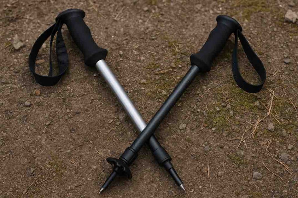 Hiilikuitu- ja alumiinisauvat rinnakkain maassa vertailua varten