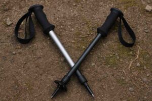 Hiilikuitu- ja alumiinisauvat rinnakkain maassa vertailua varten