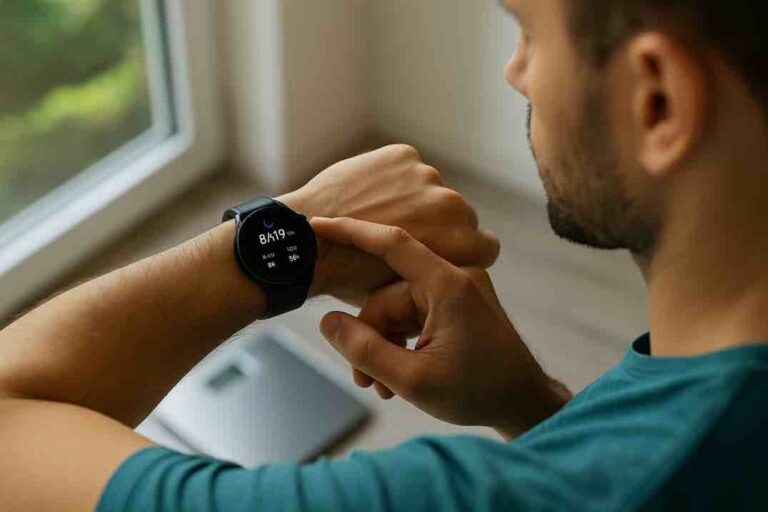 Mies tarkistaa älykellosta unen ja hyvinvoinnin mittareita kotona.