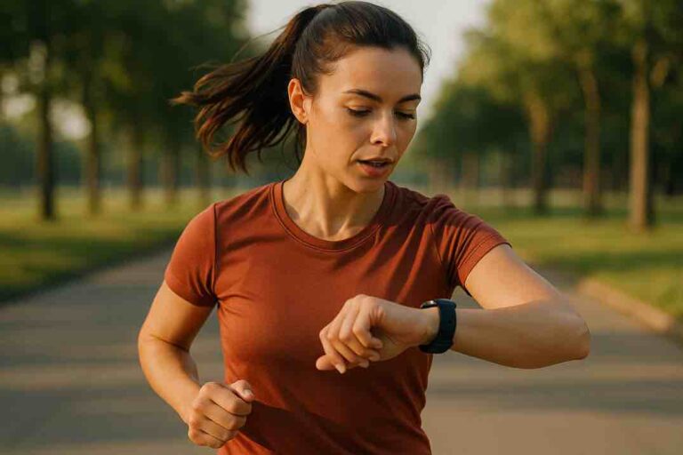 Juokseva nainen katsoo älykelloaan puistossa.