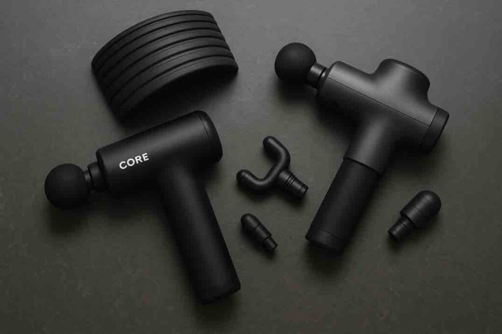 Kaksi lihashuoltovasaraa ja hierontapäitä tummalla taustalla.