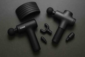 Kaksi lihashuoltovasaraa ja hierontapäitä tummalla taustalla.