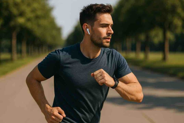 Juokseva mies nappikuulokkeet korvissaan aurinkoisella puistotiellä.