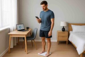 Mies seisoo älyvaa’an päällä ja tarkistaa mittaustuloksia puhelimestaan makuuhuoneessa.