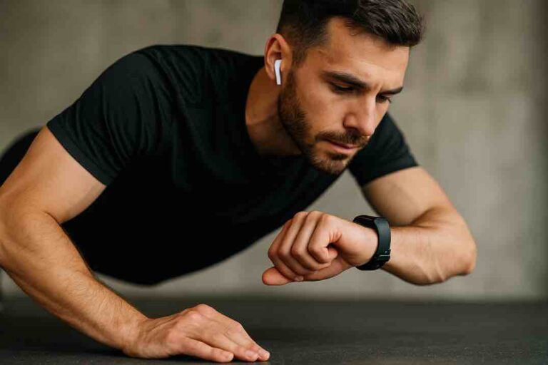 Mies tekee punnerruksia ja katsoo aktiivisuusrannekettaan kuntosalilla.