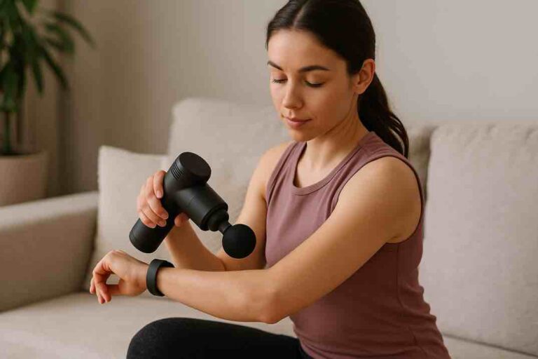 Nainen käyttää lihashuoltovasaraa käsivarteensa sohvalla kotona.