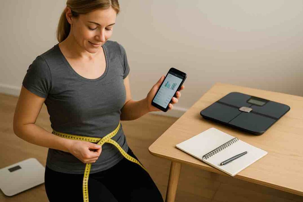 Nainen mittaa vyötäröään ja seuraa kehonkoostumustaan älypuhelimesta kotona.