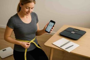 Nainen mittaa vyötäröään ja seuraa kehonkoostumustaan älypuhelimesta kotona.