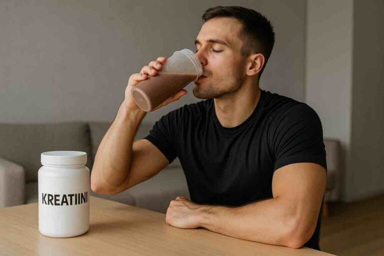 Mies juo palautusjuomaa pöydän ääressä, vieressä valkoinen kreatiinipurkki.