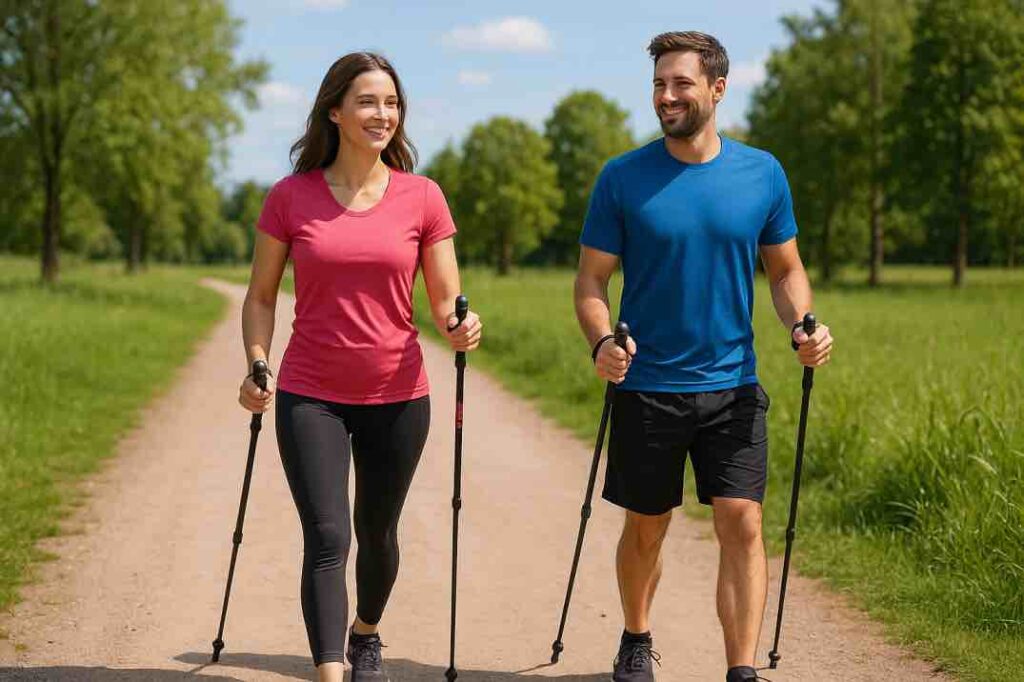 Mies ja nainen kävelevät yhdessä kävelysauvojen kanssa aurinkoisella puistopolulla.