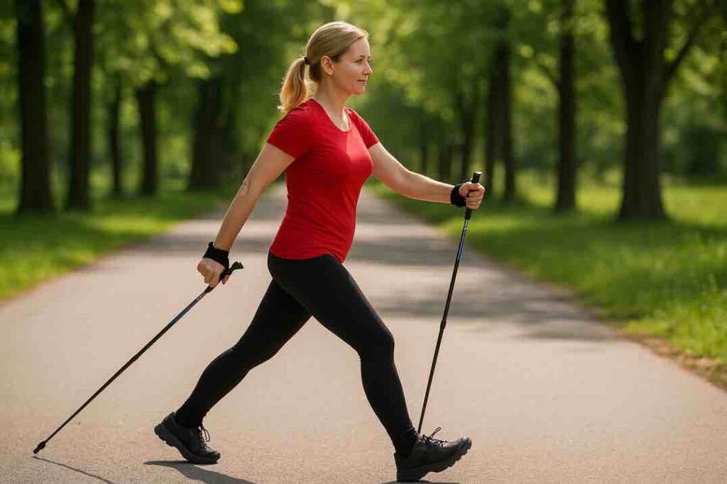 Nainen harjoittelee sauvakävelytekniikkaa metsäisessä puistossa aurinkoisena päivänä.