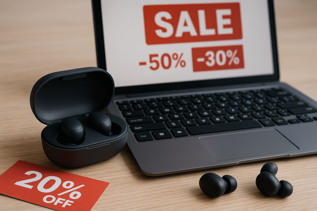 Avoin kannettavan tietokoneen näyttö näyttää punaisen ”SALE”-bannerin sekä alennusprosentit −50 % ja −30 %. Etualalla on mustat langattomat nappikuulokkeet latauskotelossaan, ja vieressä pöydällä erilliset kuulokenapit. Vasemmalla näkyy punainen ”20 % OFF” -alennuskortti. Taustalla vaalea puupöytä luo neutraalin ympäristön.
