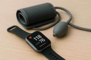 Musta älykello näyttää näytöllään verenpainelukemat 118/76 ja sydänkuvakkeen vaalealla puupöydällä. Kellon vieressä on harmaa verenpainemansetti ja ilmapumppu letkuineen.