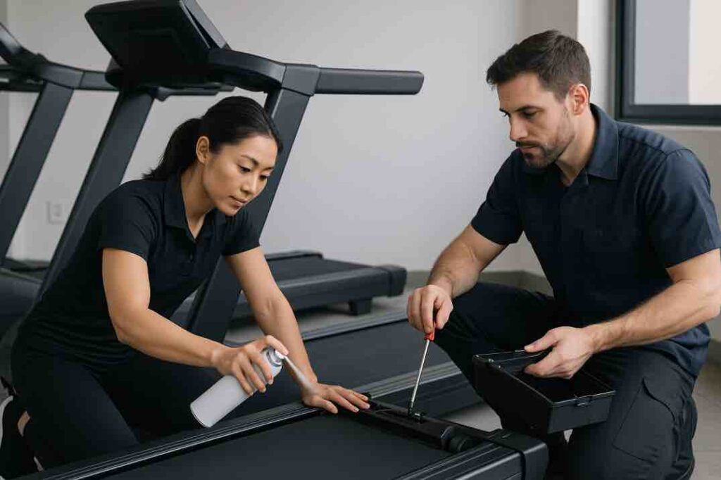 Kaksi henkilöä huoltaa juoksumattoa kuntosalilla. Vasemmalla oleva henkilö suihkuttaa voiteluainetta maton pinnalle, kun taas oikealla oleva henkilö kiristää osia ruuvimeisselillä. Molemmat työskentelevät polvillaan juoksumaton edessä ja keskittyvät huolellisesti tehtäväänsä.