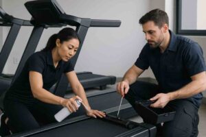 Kaksi henkilöä huoltaa juoksumattoa kuntosalilla. Vasemmalla oleva henkilö suihkuttaa voiteluainetta maton pinnalle, kun taas oikealla oleva henkilö kiristää osia ruuvimeisselillä. Molemmat työskentelevät polvillaan juoksumaton edessä ja keskittyvät huolellisesti tehtäväänsä.