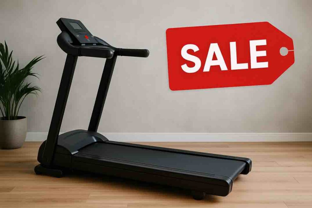 Musta juoksumatto seisoo valoisassa huoneessa vaaleaa seinää vasten. Seinällä näkyy suuri punainen alennuslappu, jossa on valkoisella teksti “SALE”. Vieressä on viherkasvi ruukussa puulattialla.