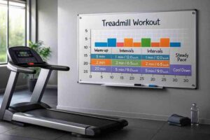 Kuvassa on moderni juoksumatto, jonka vieressä seinällä roikkuu värikäs valkotaulu. Taulu esittää intervallipohjaisen juoksuharjoituksen eri aikajaksoineen ja nopeuksineen. Lattialla on harmaat pyyhkeet ja vesipullo, ja taustalla näkyy suuri ikkuna, josta tulee luonnonvaloa. Tilassa on siisti ja rauhallinen kuntosalifiilis.