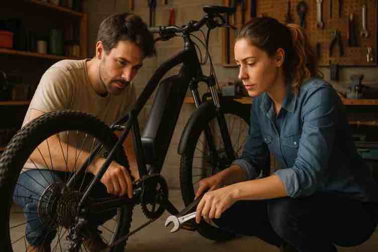 Kuvassa kaksi henkilöä kumartuu tutkimaan polkupyörän voimansiirtoa työpajaympäristössä. Toinen tarkistaa takavaihtajaa, kun taas toinen pitää jakoavainta kampien läheisyydessä. Taustalla näkyy työkaluja ja hyllyjä, mikä viittaa korjaustilaan.