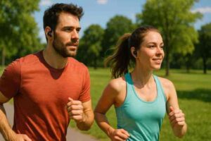 Kuvassa kaksi henkilöä juoksee aurinkoisessa puistossa vierekkäin. Vasemmalla oleva mies käyttää oranssia t-paitaa ja nappikuulokkeita, oikealla oleva nainen turkoosia hihattomia urheiluvaatteita ja nappikuulokkeita. Taustalla näkyy vihreää nurmikkoa ja puita kirkkaan sään alla. Molemmat näyttävät keskittyneiltä ja hyväntuulisilta.