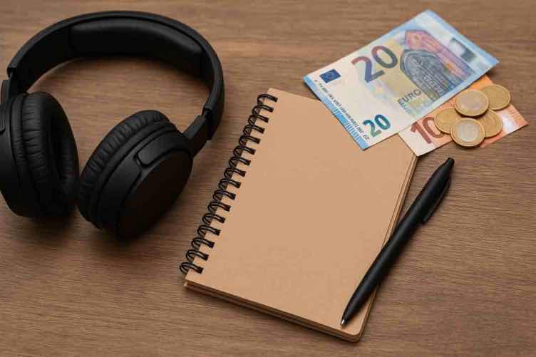 Puu­pöydällä on mustat over-ear-kuulokkeet, ruskeakantinen kierrevihko ja musta kuulakärkikynä. Vihkon yläreunalla on 20 ja 10 euron setelit sekä muutamia eurokolikoita. Esineet on aseteltu selkeästi vierekkäin. Valaistus on pehmeä ja korostaa pöydän pintaa.