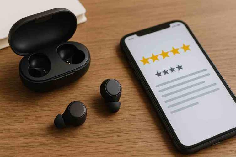 Pöydällä on avoin musta latauskotelo ja kaksi irtonaista nappikuuloketta sen edessä. Vieressä näkyy älypuhelin, jonka näytöllä on viiden tähden arvostelu ja tekstiä muistuttavia harmaita viivoja. Kuulokkeet ovat kompaktit ja yksiväriset, ja puhelin on asetettu pöydälle näyttö ylöspäin. Taustalla näkyy hieman vaaleaa kirjan sivua.