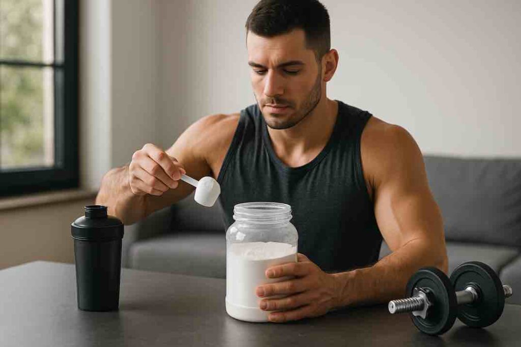 Mies istuu pöydän ääressä ja annostelee valkoista kreatiinijauhetta suuresta purkista mittalusikkaan. Hänen vieressään on musta juomashakeri ja pöydällä käsipaino. Miehellä on tumma hihaton paita ja hän keskittyy tarkasti annosteluun. Taustalla näkyy ikkuna ja sohva.