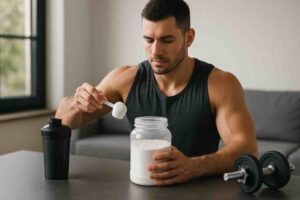 Mies istuu pöydän ääressä ja annostelee valkoista kreatiinijauhetta suuresta purkista mittalusikkaan. Hänen vieressään on musta juomashakeri ja pöydällä käsipaino. Miehellä on tumma hihaton paita ja hän keskittyy tarkasti annosteluun. Taustalla näkyy ikkuna ja sohva.