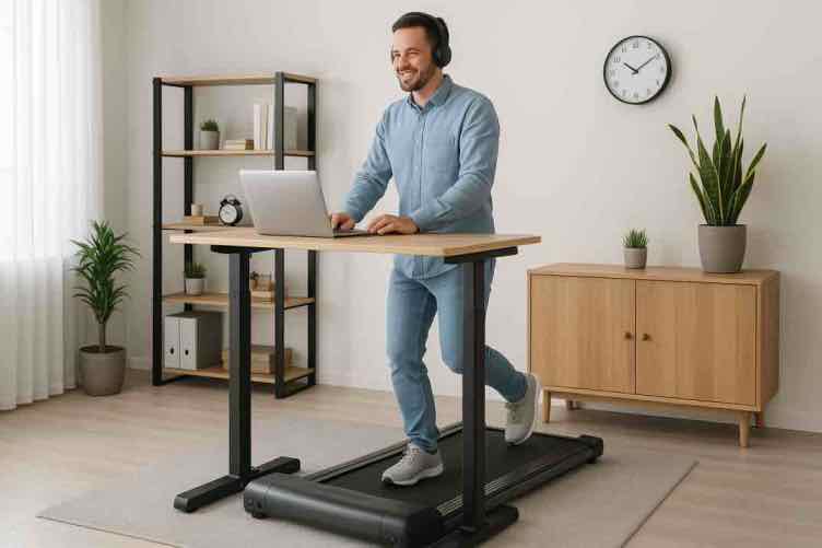 Mies työskentelee kannettavalla tietokoneella kävellessään hiljaisella juoksumatolla säädettävän seisomapöydän edessä. Hänellä on kuulokkeet päässä ja farkkukankainen asu. Taustalla näkyy hyllyjä, viherkasveja ja vaalea kaappi kodinomaisessa työtilassa.