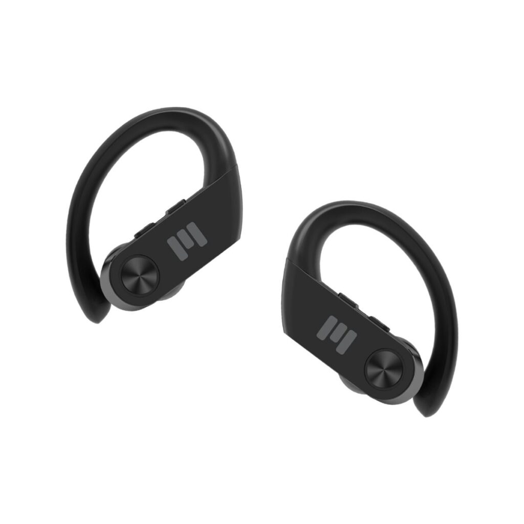 Kuvassa näkyy kaksi mustaa Miiego MiiBuds Active Buds -nappikuuloketta, joissa on korvan ympäri kiertyvät kaarevat koukut. Kuulokkeissa on mattapintaiset rungot ja pieni kiiltävä painikeosa, sekä valmistajan logo harmaana sivussa. Muotoilu on kompakti ja selvästi treenikäyttöön suunniteltu. Tausta on valkoinen, ja kuulokkeet ovat esillä erillisinä vierekkäin.