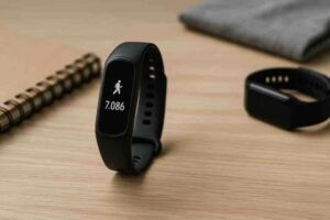 Musta aktiivisuusranneke seisoo puupöydällä ja sen näytössä näkyy kävelyikoni sekä lukema 7 086 askelta. Taustalla näkyy toinen ranneke, kierrevihko ja harmaa kangasesine, jotka ovat hieman epätarkkoja.