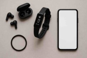 Kuvassa on tasolle aseteltu musta älykello, jonka näytöllä näkyy 72 BPM -sykelukema. Sen ympärillä on mustat langattomat nappikuulokkeet koteloineen sekä mustareunainen älypuhelin valkoisella tyhjällä näytöllä. Alakulmassa on myös musta pyöreä ranneke.