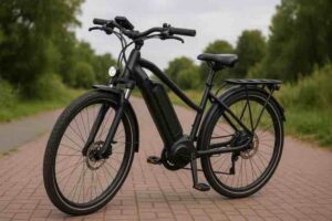 Musta sähköpyörä seisoo päällystetyllä ulkoilutiellä vihreiden puiden reunustamana. Pyörässä on paksu akku rungon keskiosassa, leveät renkaat ja takatavarateline. Etuvalo on päällä, ja ohjaustangon yksityiskohdat erottuvat selkeästi.