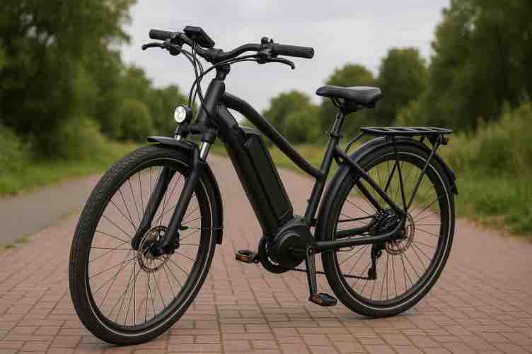 Musta sähköpyörä seisoo päällystetyllä ulkoilutiellä vihreiden puiden reunustamana. Pyörässä on paksu akku rungon keskiosassa, leveät renkaat ja takatavarateline. Etuvalo on päällä, ja ohjaustangon yksityiskohdat erottuvat selkeästi.