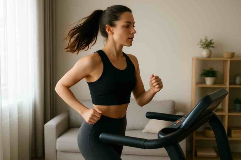 Kuvassa nainen juoksee juoksumatolla valoisassa olohuoneessa. Hänellä on yllään musta urheilutoppi ja tummat trikoot, ja hänen ponihäntänsä liikkuu juostessa. Taustalla näkyy vaalea sohva, hylly ja kasveja, jotka tuovat tilaan kodikasta ilmettä. Huoneessa on luonnonvaloa suurten verhojen läpi.