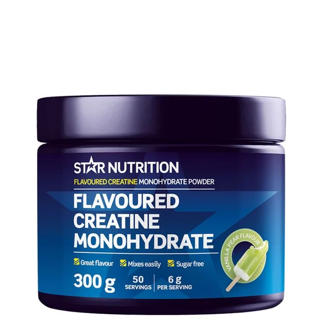 Kuvassa on Star Nutrition -merkin 300 gramman maustetun kreatiinimonohydraatin purkki. Purkki on tummansininen ja sen etiketissä lukee “Flavoured Creatine Monohydrate” sekä tietoja annoskoosta ja mausta. Oikeassa alakulmassa näkyy vanilja-päärynän makua kuvaava mehujääikoni. Tausta on täysin valkoinen.