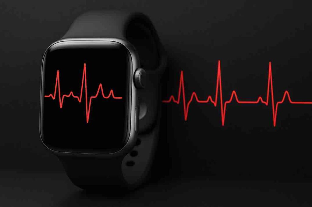 Mustan älykellon näytöllä näkyy kirkkaanpunainen, aaltoileva sydänkäyrä tummalla taustalla. Kello on asetettu viistoon, ja taustalla kulkee sama punainen sykelinja jatkumona.